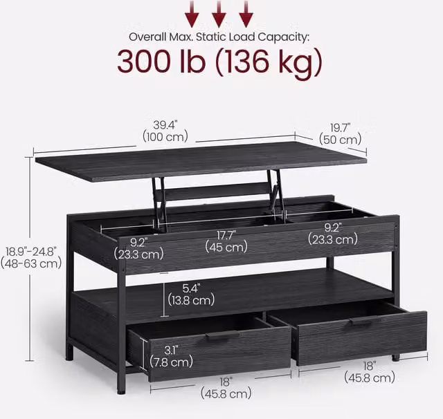 VASAGLE Industrial Lift Top Coffee Table with Storage and Open Shelf, Black/Anthracite