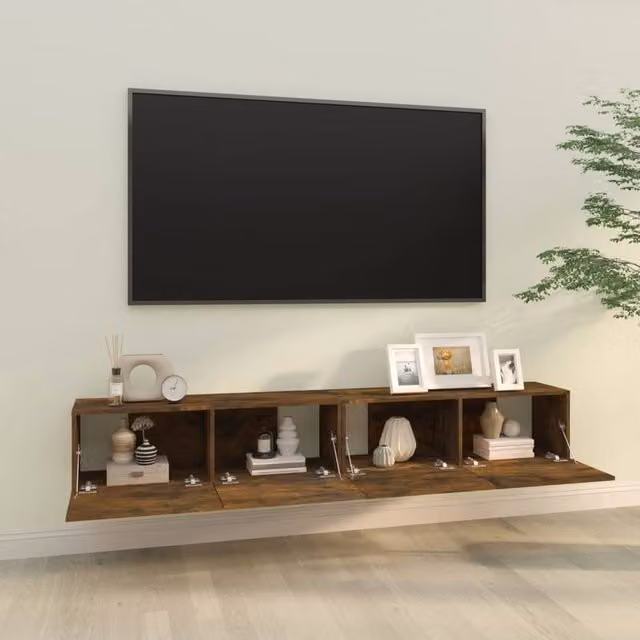 Berkfield Home Set of 2 Smoked Oak Wall TV Cabinets in Brown, W/D/H: 100 x 30 x 30 cm – 1
