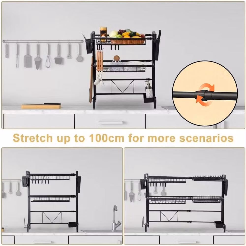 NESTLUNE 2 Tier Expandable Over The Sink Dish Drying Rack in Black, W: 100 cm, D: 15 cm – 4
