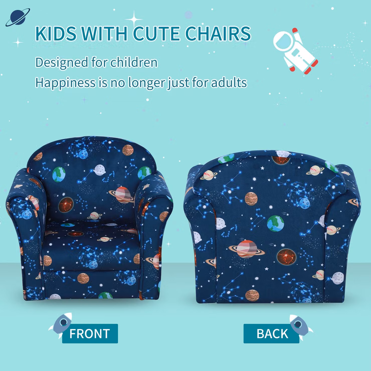 HOMCOM Kids Planet Theme Armchair in Blue with Solid Wood Frame and Armrests – 4