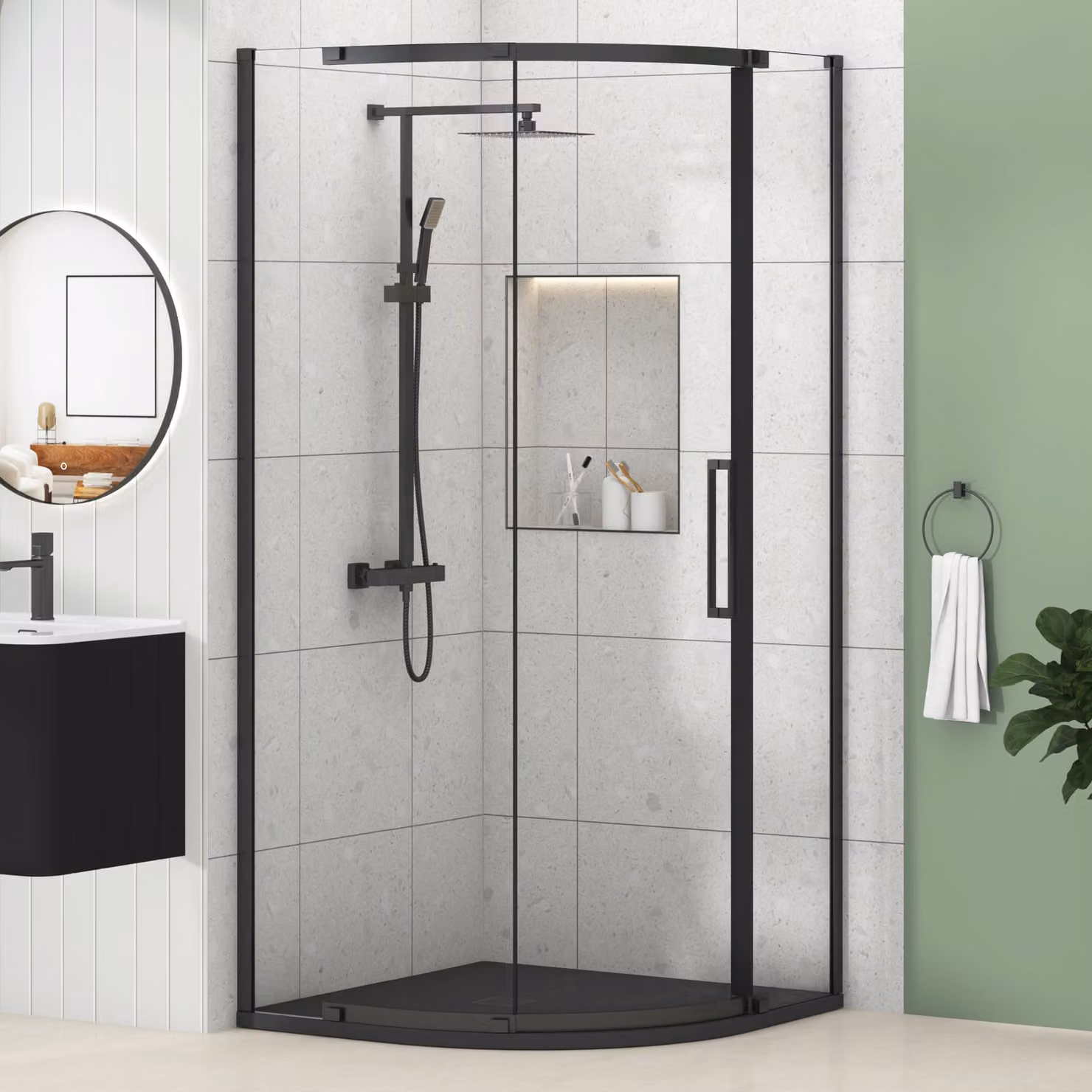Royal Bathrooms Chelsea Single Door Quadrant Shower Enclosure with Black Mineral Cast Stone Tray, Matt Black, W: 80 cm, H: 195 cm