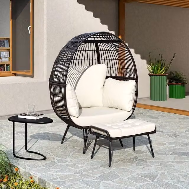 KORVIXA Oversized Egg Chair with Ottoman and Soft Cushions in White and Multicolour, W/D/H: 100 x 100 x 110 cm