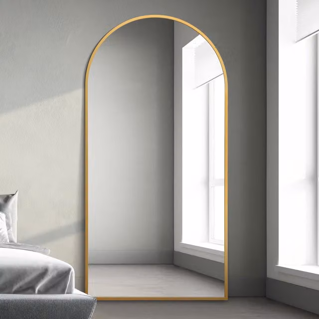 MirrorOutlet Arcus Modern Metal Framed Arched Leaner Wall Mirror in Gold, Height: 200 cm