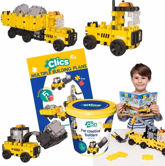 Clics Bucket Builders Clic and Play Bucket 123 Piece Plastic Building Set in Yellow and Blue
