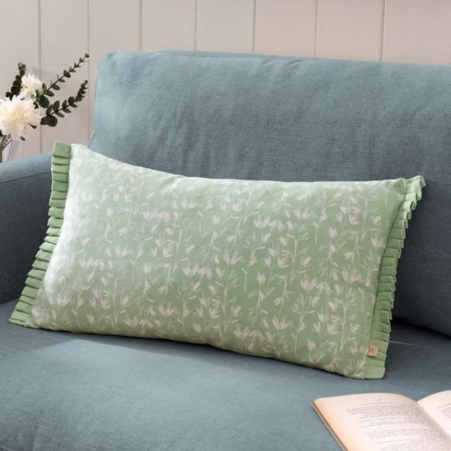 Wylder Belle Botanical Pleat Fringe Cotton Cushion in Green, W: 50 cm, H: 30 cm, D: 30 cm – 1
