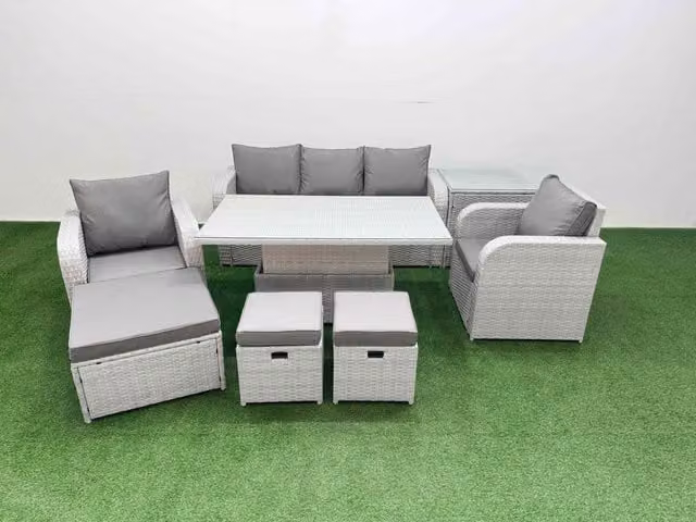 Fimous PE Rattan Garden Furniture Set in Light Grey with 3 Seater Sofa, Reclining Armchairs, Coffee Table and Ottoman