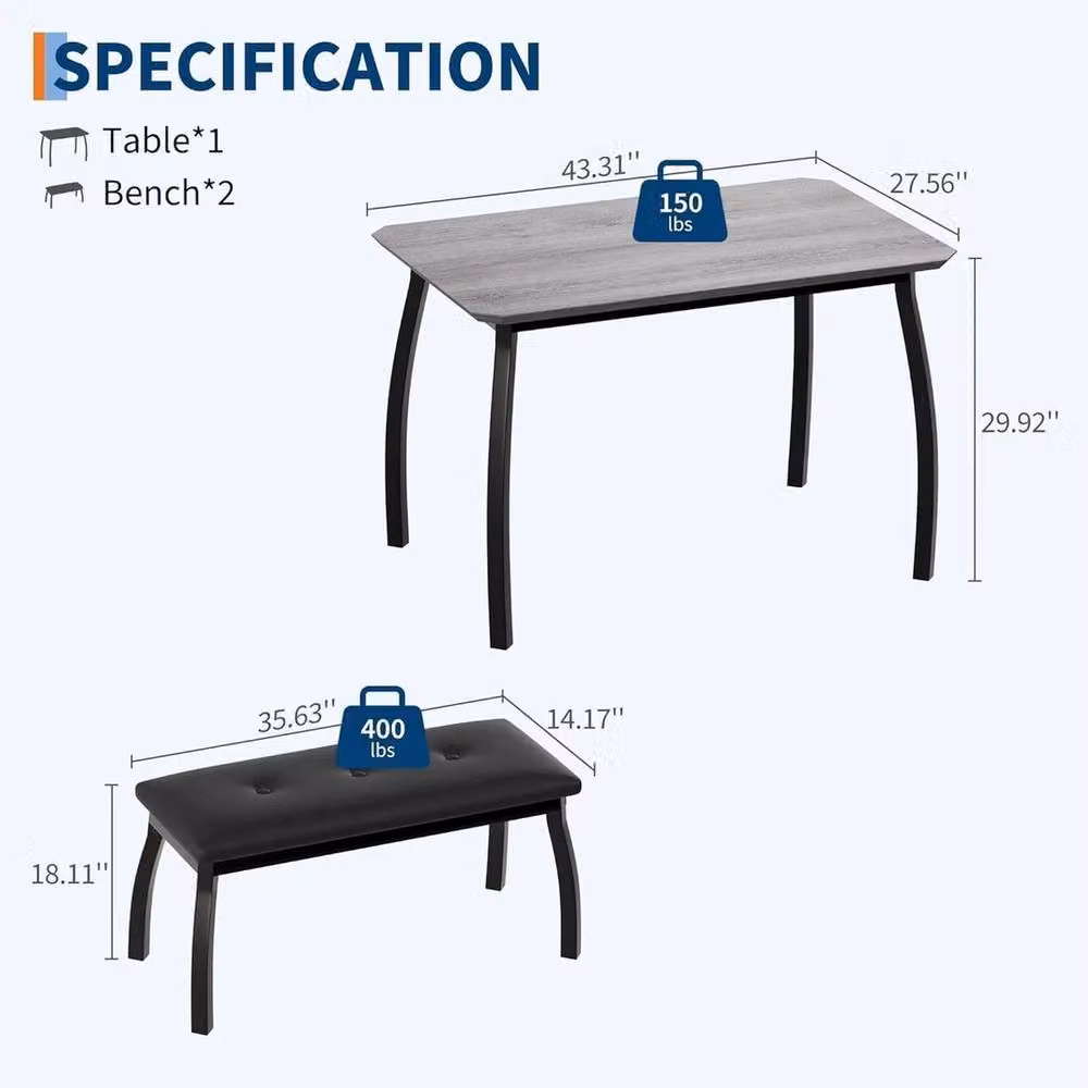 VOGREX 3-Piece Modern Dining Set with Rectangular Table and 2 Upholstered Benches in Multicolour – 2