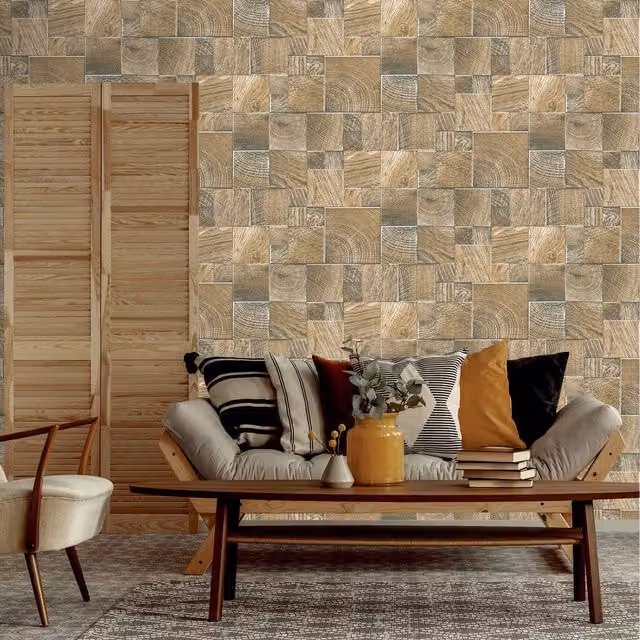 Rasch Geometric Abstract Wooden Block Tiles Glitter Vinyl Wallpaper in Brown
