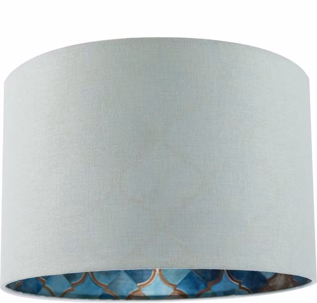Happy Homewares Duck Egg Blue Linen Cylinder Lamp Shade with Moroccan Scale Pattern Lining in Blue and Gold/Brass, Diameter: 30 cm – 1