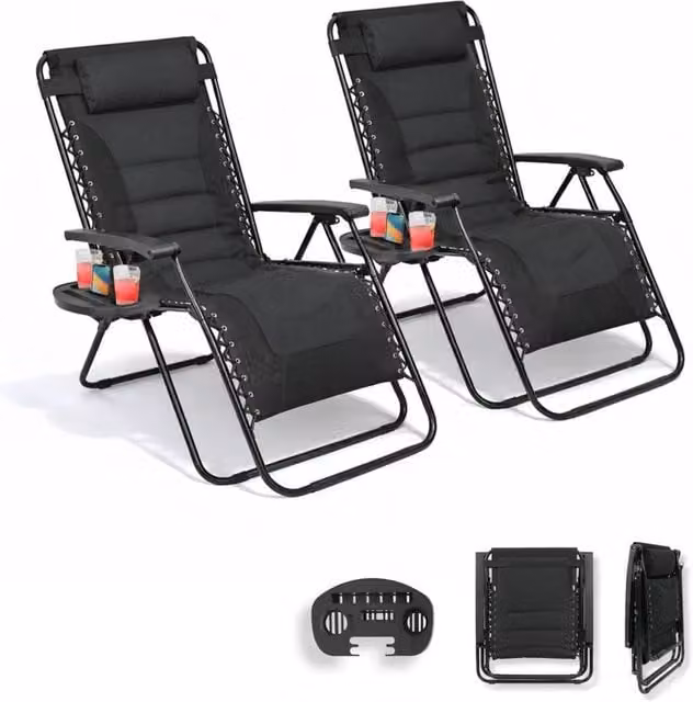 EONLION Set of 2 XXL Zero Gravity Garden Chairs in Black with Adjustable Headrest and Foldable Design – 1