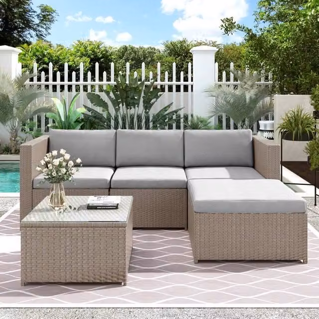 HomeTouch 3-Piece Outdoor Rattan Corner Sofa Set with Glass Top Coffee Table in Khaki