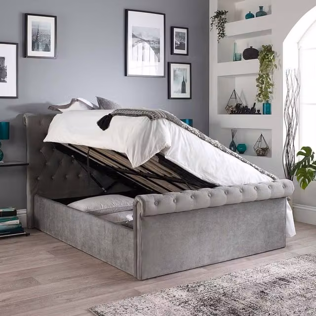 Aspire Chesterfield Ottoman Bed in Grey Silver Brushed Velvet Fabric, W/D/H: 200 x 200 cm