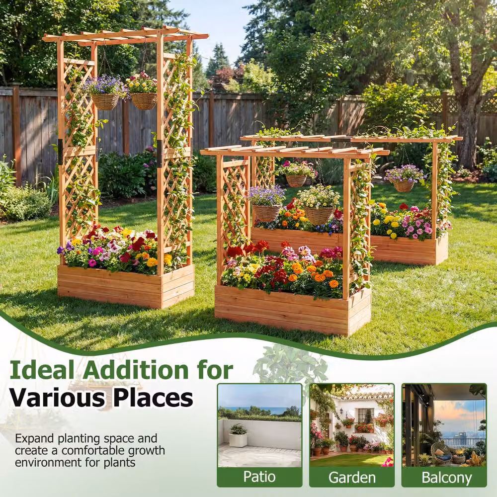 Costway Orange Wooden Raised Garden Bed with Side Trellis and Hanging Roof, Height: 114 cm – 6