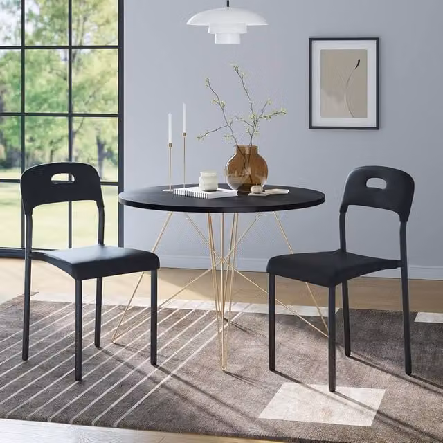 London Boutique Set of 2 Modern Stackable Black Plastic and Metal Kitchen Side Chairs