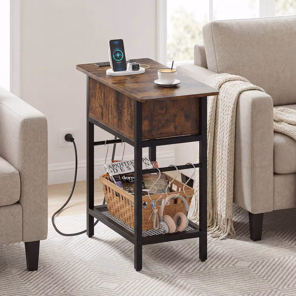 Gymax Industrial Slim End Table Nightstand with Charging Station and Shelf Hooks in Brown – 3