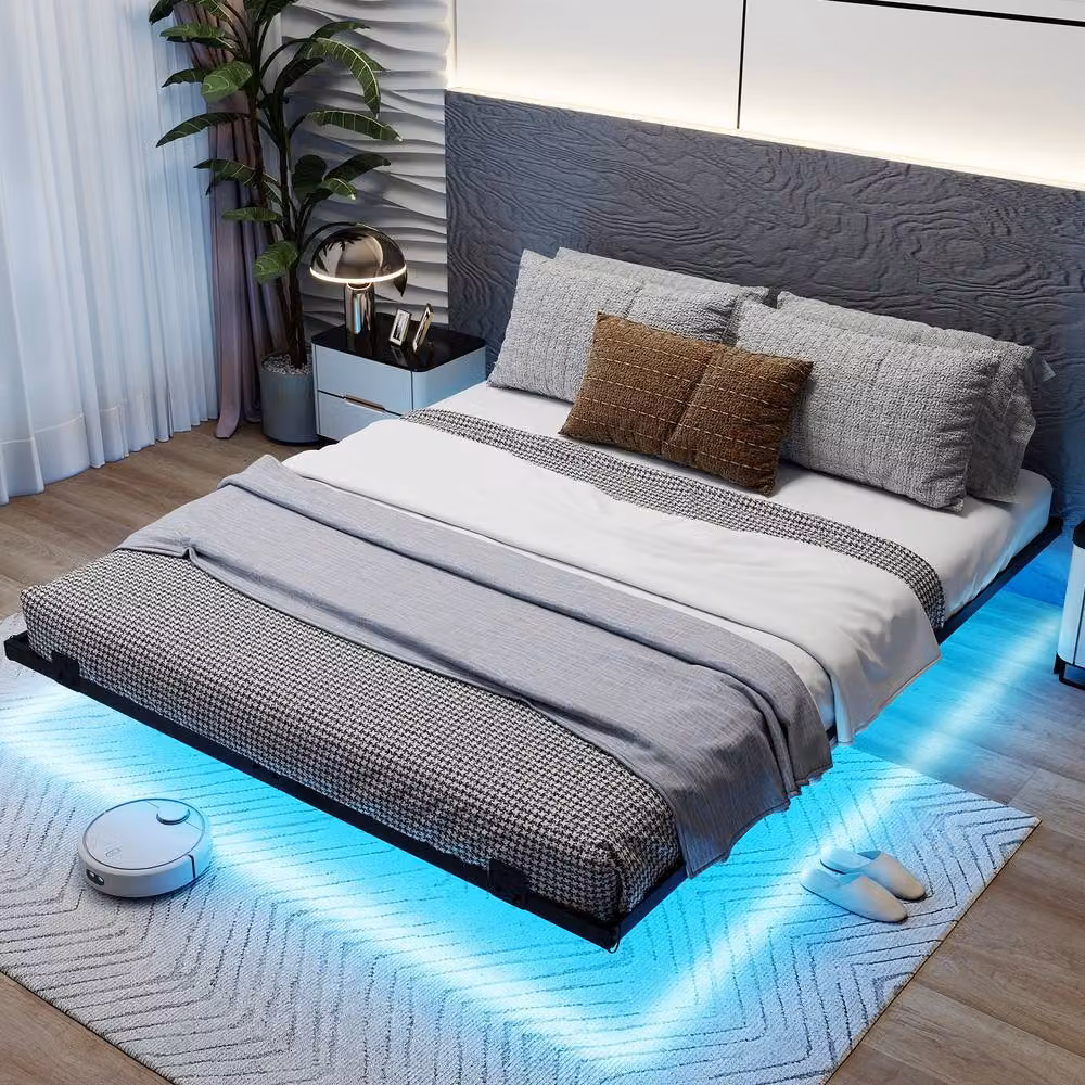 Costway King Size Modern Metal Floating Bed Frame with LED Under-Bed Lighting in Black, 180 x 200 cm – 8