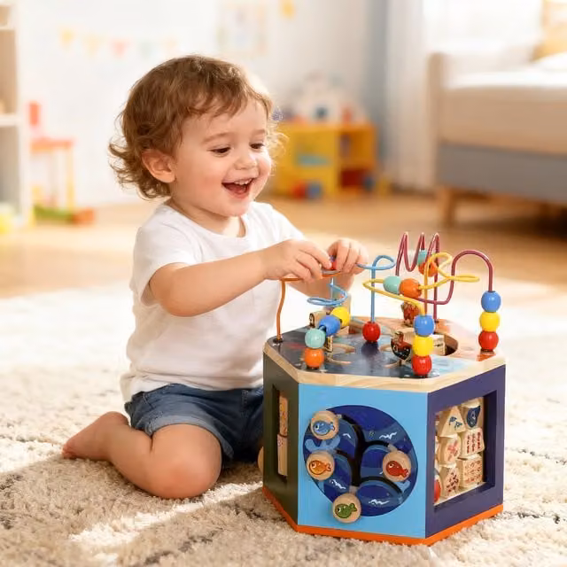 AIYAPLAY Wooden Activity Cube Baby Toy with Bead Maze for 18+ Months, Multicoloured