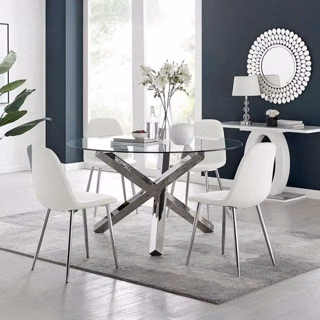 FurnitureboxUK Vogue Round Glass Dining Table and 4 Corona Silver Dining Chairs Set in White and Silver