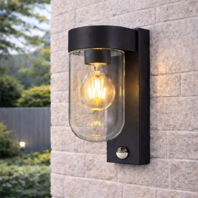 CGC Lighting Rowan Black Outdoor Wall Lantern with PIR Motion Sensor and Glass Diffuser – 1