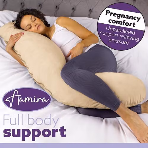 Aamira L Shaped Pregnancy Maternity Pillow in Beige Memory Foam with Velvet Cover, W/D/H: 145 x 25 x 25 cm – 6