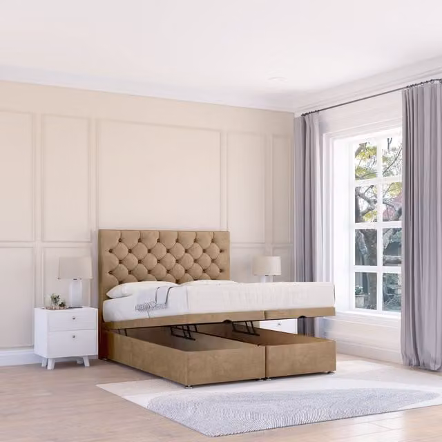 Sloomy Mayfair Naples King Size Fabric Ottoman Bed in Light Brown with Hybrid Memory Mattress and 26 Inch Strut Headboard