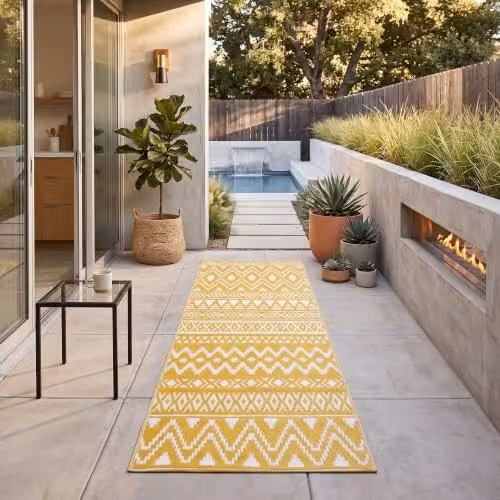 Homescapes Anna Luxury Outdoor Runner Rug, White and Yellow Geometric Ethnic Design, W: 75 cm, L: 200 cm – 2