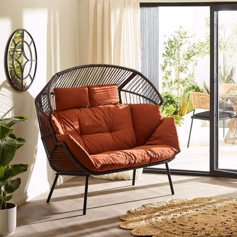 FurnitureboxUK Egg Outdoor Garden Double Chair in Terracotta with Polyrattan Design and Weatherproof Cushions – 4