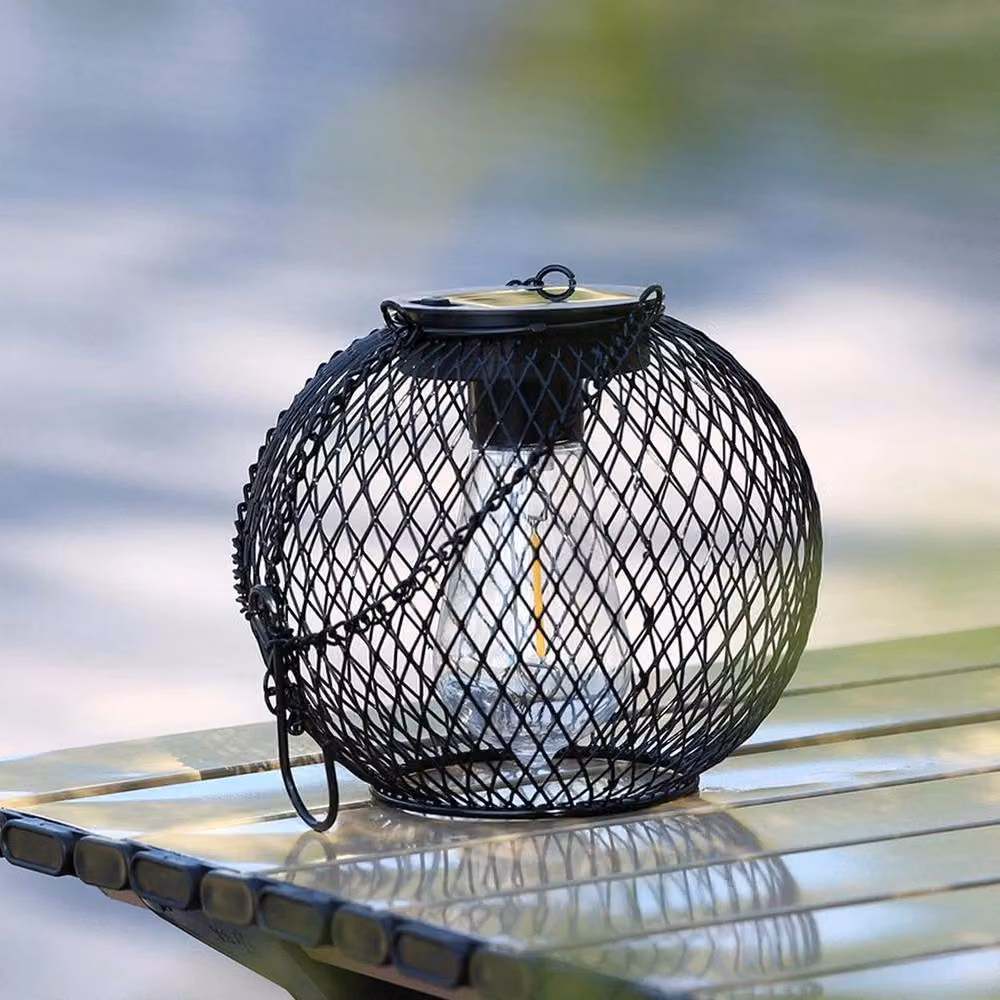 NESTLUNE Set of 2 Solar Powered LED Hanging Lantern Lights in Black Metal with Warm White Vintage Glow – 5