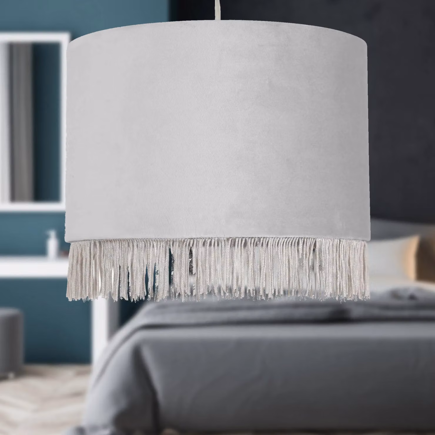 First Choice Lighting Set of 2 Silvery Grey Fringed Velvet Round Easy Fit Pendant Shades, Diameter: 23 cm – 2
