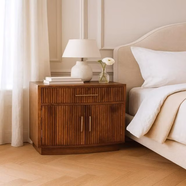 Artisan Furniture Mid-Century Mango Wood Curved Ribbed Bedside Table with Drawer in Brown