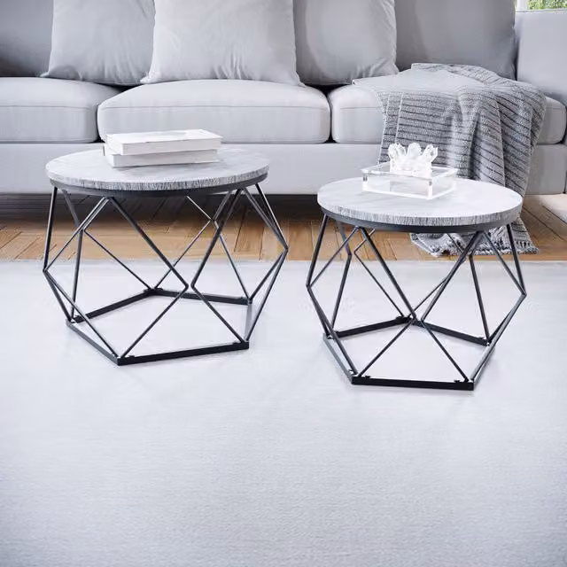 Vida Designs Brooklyn Nest of 2 Geometric Industrial Tables in Grey with Marble and Metal Finish