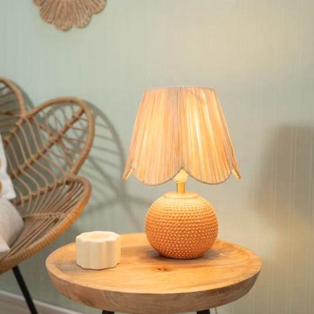 Pair of Sebby Ceramic Table Lamps with Natural Rattan Shades and Bulbs, Peach