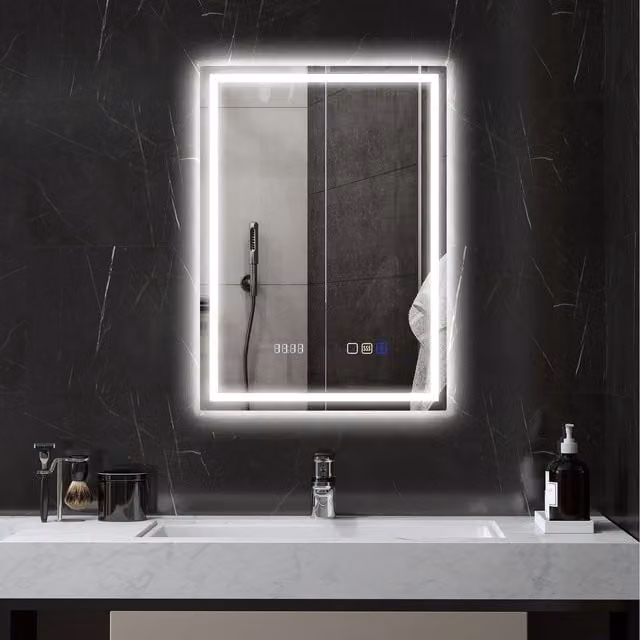 HOMCOM Silver Rectangular Bathroom Mirror with Bluetooth, LED Lights, Demister Pad and Clock