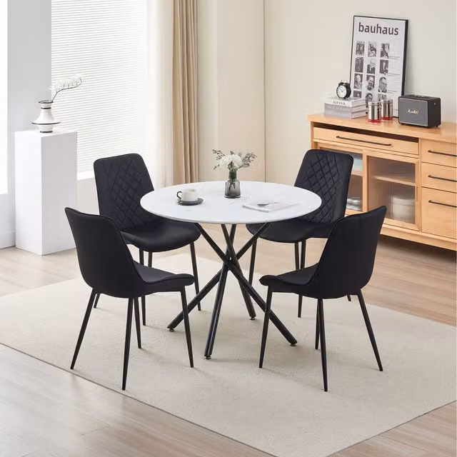 Madefor.living Seattle Round Dining Table and 4 Amelia Velvet Chairs in Black and White