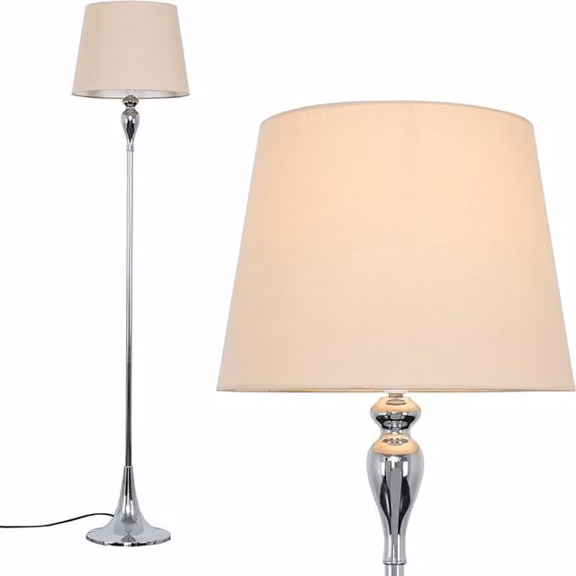 ValueLights Modern Polished Chrome Spindle Design Floor Lamp with Beige Fabric Cylinder Shade