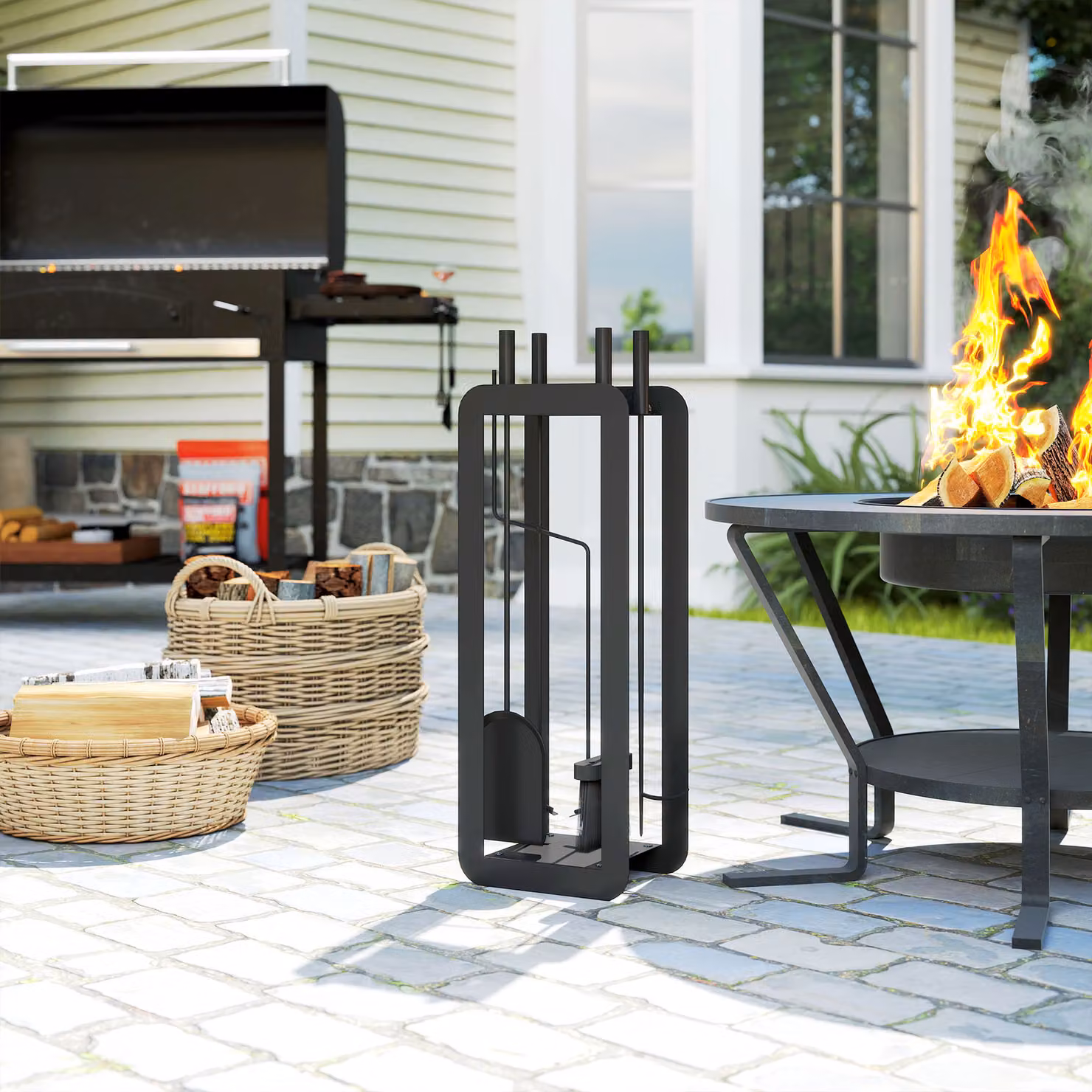 Outsunny 5 Piece Metal Fireplace Companion Set with Brush, Shovel, Poker, Tongs and Stand, Black – 2
