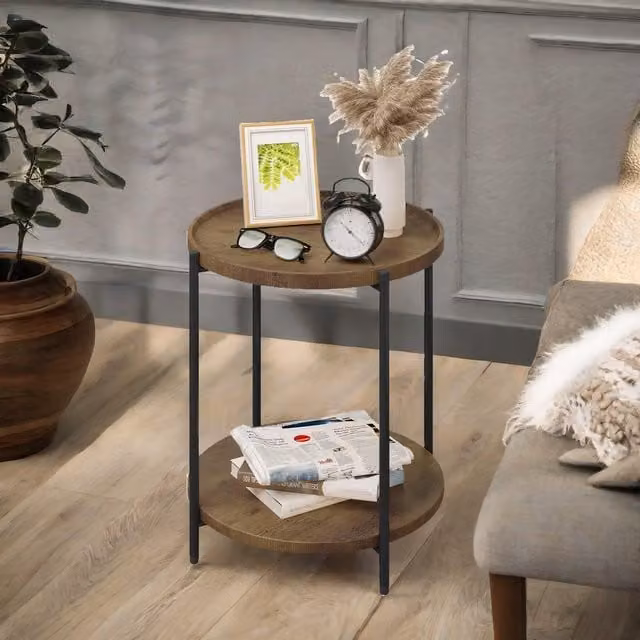 Rafaelo Mobilia Industrial 2 Tier Round Coffee Table in Rustic Brown and Black