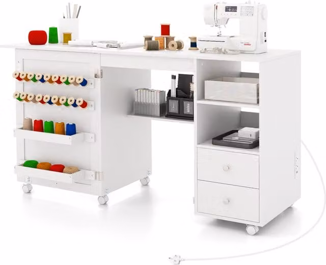 COSTWAY Rolling Sewing Cabinet Craft Table in White