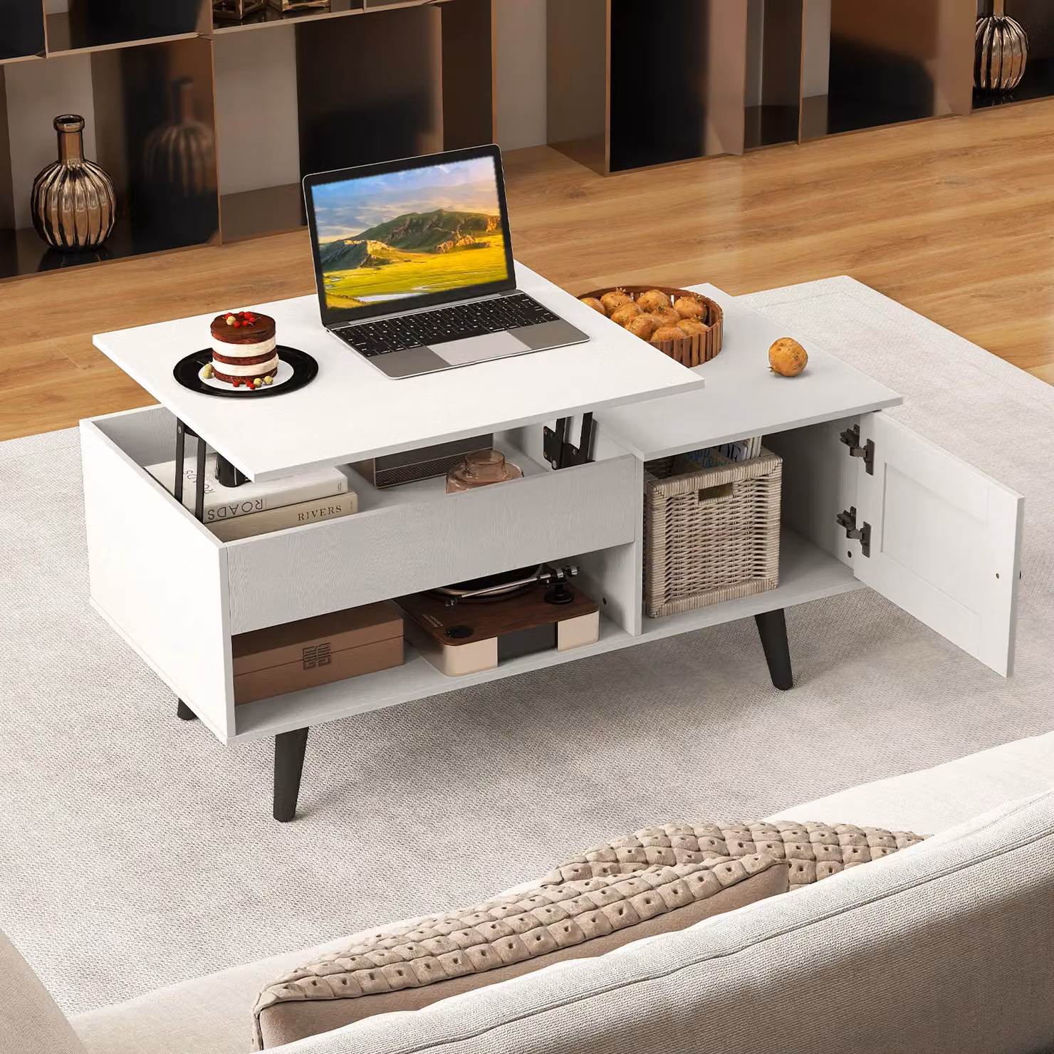 Gymax Modern White Lift Top Coffee Table with Hidden Compartment – 2