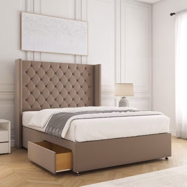 BSSPOKE Winchester Plush Divan Bed with 54 inch Headboard, 2 Drawers, Footend and Mattress in Bronze, W/D/H: 120 x 200 cm