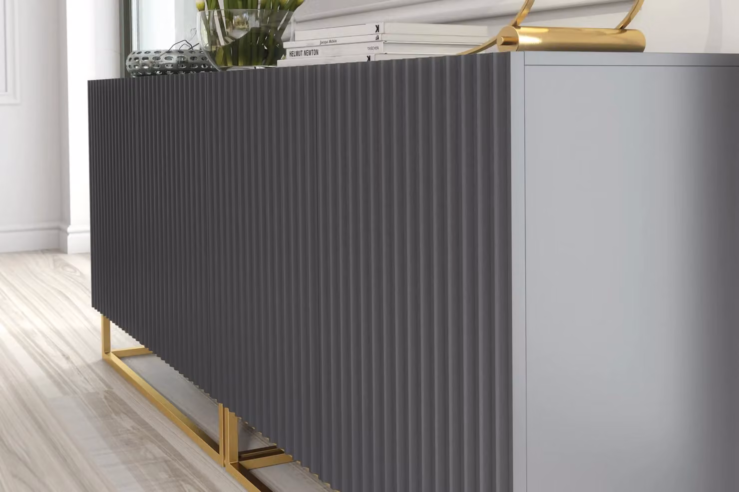 Creative Furniture Ripple Duo Sideboard in Dark Grey with Gold Details, Modern Fluted Design, W: 200 cm, H: 80 cm, D: 35 cm – 3