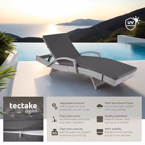 tectake Rattan Sun Lounger with 5-Position Adjustable Backrest and Soft Cushion in Light Grey – 4