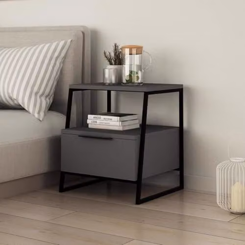 FWStyle Modern Grey 1 Door Bedside Table with Open Shelf and Black Metal Frame, W/D/H: 40.9 x 45 x 50 cm