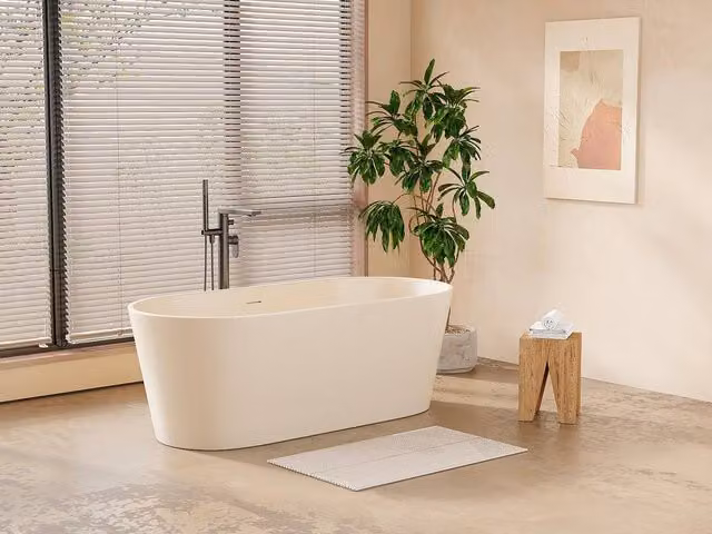 LUZECA Oval Acrylic Island Bath in Matt Beige, 255L, W/D/H: 159 x 74 x 56 cm – 1