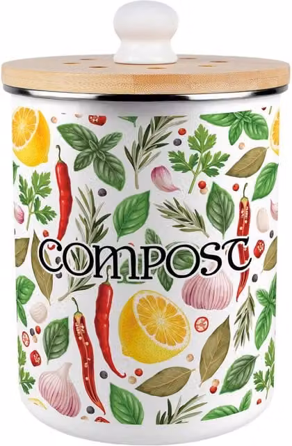 Purely Home Vibrant Herbs Compost Caddy, 2L Metal and Enamel Kitchen Food Waste Bin with Bamboo Lid, Green and Multicolour