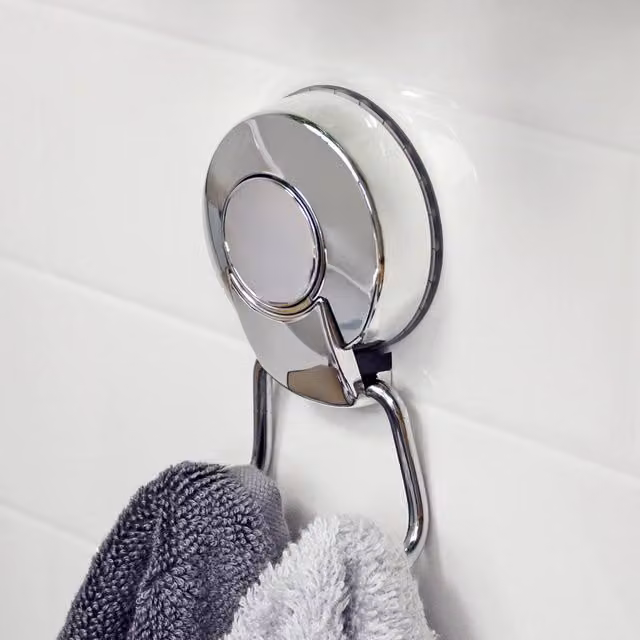 Showerdrape SuctionLoc Chrome Steel Suction Wall Mounted Robe Hook with Mounting Disc in Silver