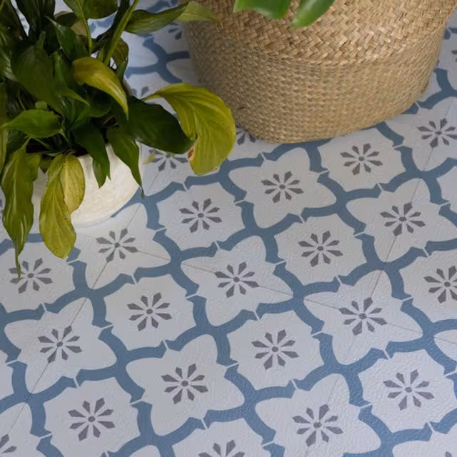 Fine Decor Alfama Mediterranean Tile Look Self-Adhesive Vinyl Floor Tiles, White and Blue, 0.93sqm