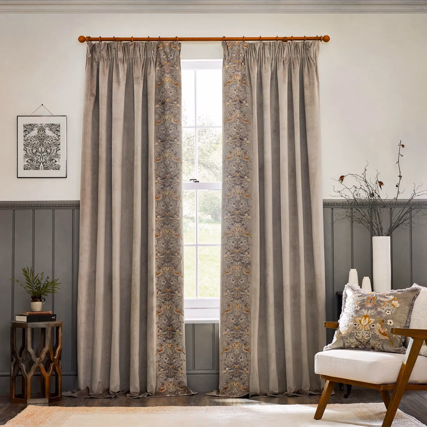 Morris & Co. Strawberry Thief Embroidered Velvet Pencil Pleat Room Darkening Curtains, Beige, Width: 168 cm, Drop: 183 cm – 2