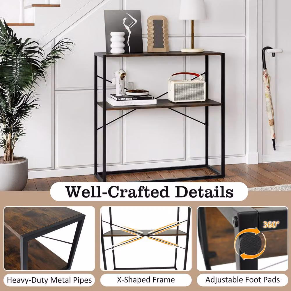 Gymax 2-Tier Industrial Console Table with Wooden Shelves and Metal Frame, Brown – 3