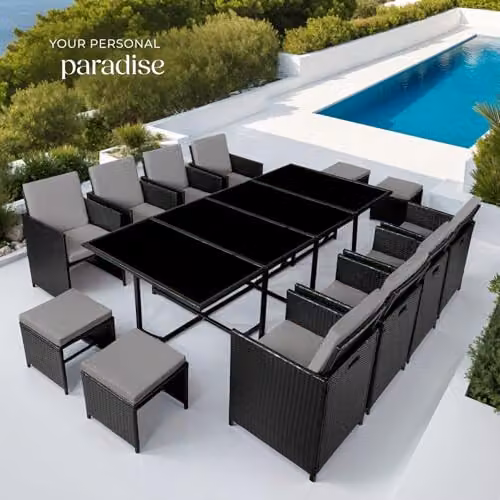 tectake Polyrattan Garden Furniture Set in Black and Grey, Including 8 Dining Chairs, 1 Table, 4 Stools and a Matching Ottoman for Up to 12 People – 8